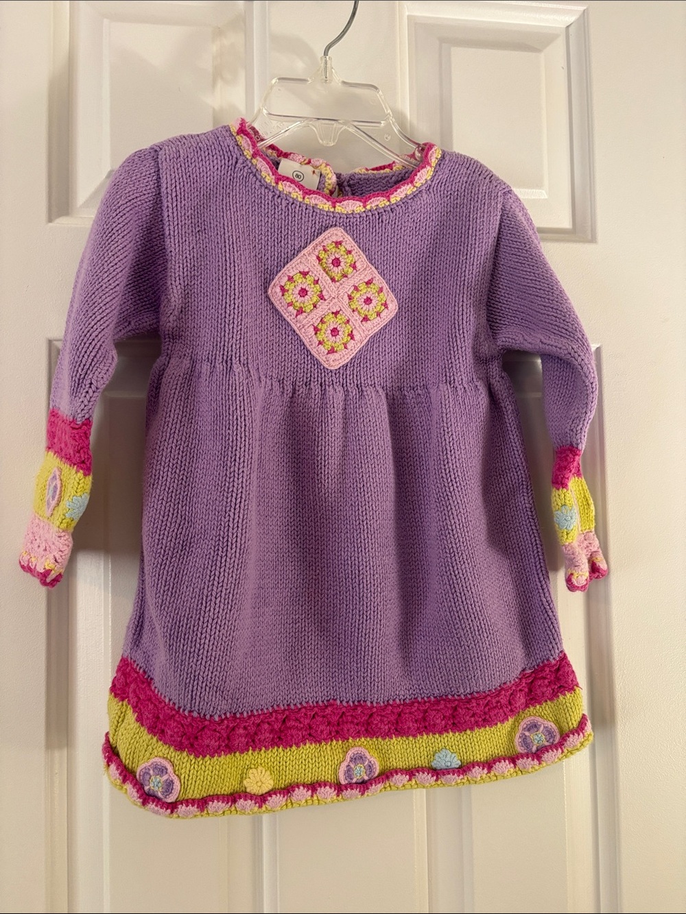 Hanna Andersson Girls Lavender Knit Dress with Crochet Floral Accents